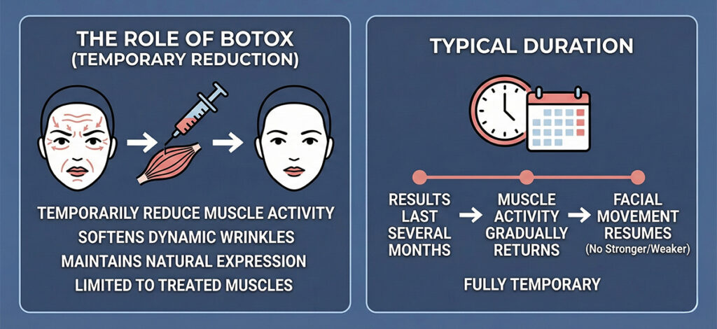 Illustration showing how Botox reduces facial wrinkles by limiting muscle activity with results lasting several months