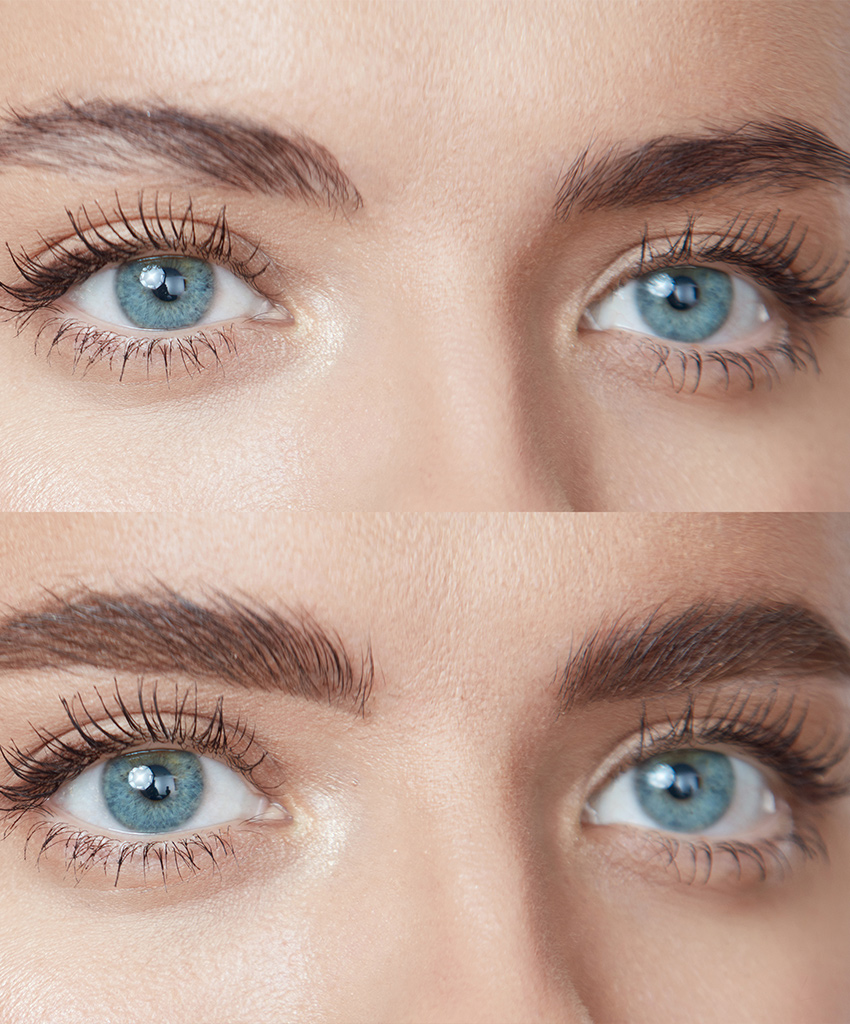 Before and after microblading showing fuller, defined natural brows.