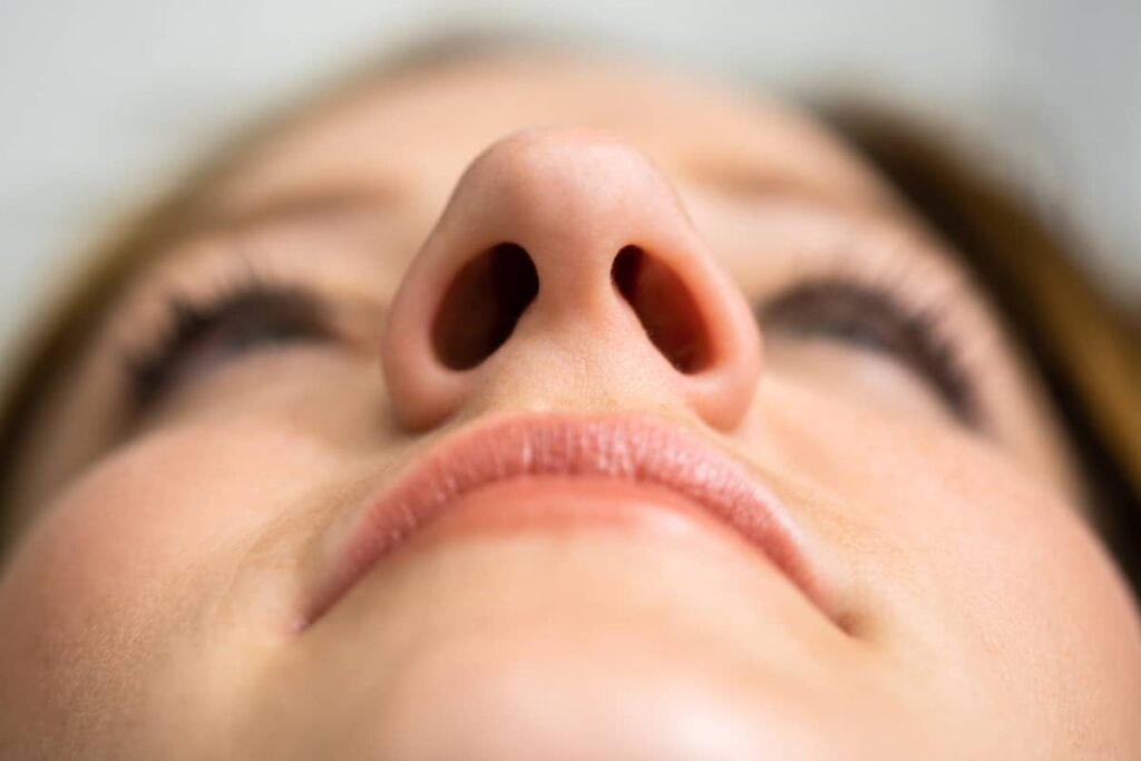 An extreme close-up view looking directly up at a person's symmetrical nostrils and lower nasal structure.